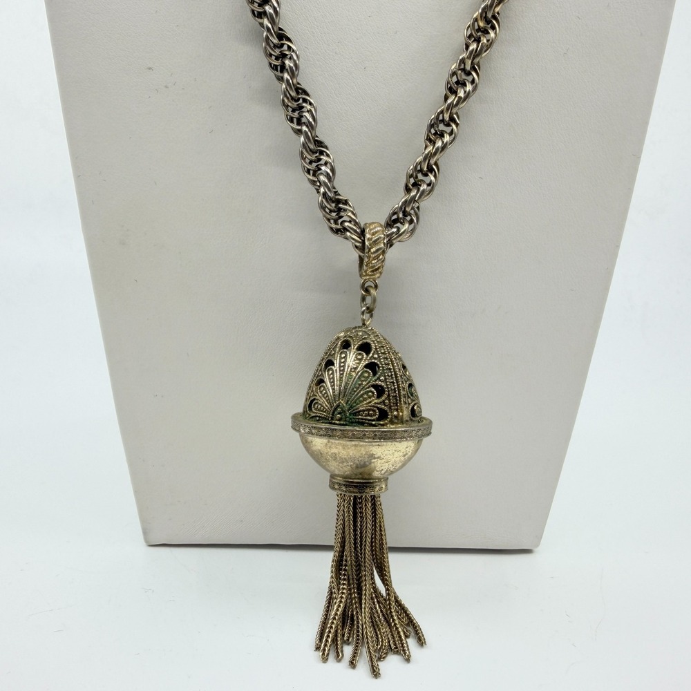 Vintage Retro Filigree Acorn Tassel Pendant Necklace Long Thick Rope Chain Boho